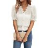 imageLace Tops for Women Dressy Casual V Neck Short Sleeve Button Down Shirts Bussiness Work Office Summer BlousesBeige