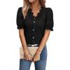 imageLace Tops for Women Dressy Casual V Neck Short Sleeve Button Down Shirts Bussiness Work Office Summer BlousesBlack
