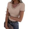 imageWomen Short Sleeve Lace V Neck Shirts Ribbed Knit Fitted Basic Tee Tops Business Dressy Casual Summer Blouses TShirtBeige