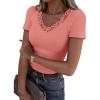 imageWomen Short Sleeve Lace V Neck Shirts Ribbed Knit Fitted Basic Tee Tops Business Dressy Casual Summer Blouses TShirtCoral