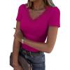 imageWomen Short Sleeve Lace V Neck Shirts Ribbed Knit Fitted Basic Tee Tops Business Dressy Casual Summer Blouses TShirtHot Pink