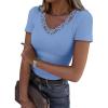imageWomen Short Sleeve Lace V Neck Shirts Ribbed Knit Fitted Basic Tee Tops Business Dressy Casual Summer Blouses TShirtLight Blue