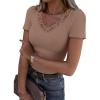 imageWomen Short Sleeve Lace V Neck Shirts Ribbed Knit Fitted Basic Tee Tops Business Dressy Casual Summer Blouses TShirtLight Brown