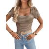 imageWomen Summer Short Sleeve Shirts Ruched Tops Sexy Square Neck Blouses Going Out Knit T Shirt Basic TeesBrown