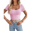 imageWomen Summer Short Sleeve Shirts Ruched Tops Sexy Square Neck Blouses Going Out Knit T Shirt Basic TeesPink