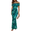 imageWomens Mesh Floral Maxi Dress 2025 Summer Off The Shoulder Ruched Bodycon Long Cocktail Party Fitted DressesGreen Floral
