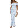 imageWomens Mesh Floral Maxi Dress 2025 Summer Off The Shoulder Ruched Bodycon Long Cocktail Party Fitted DressesLight Blue