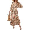 imageWomens Summer Floral Boho Dress 34 Sleeve Wrap V Neck Flowy Casual Loose Wedding Guest Long Maxi Ruffle DressesBeige