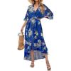 imageWomens Summer Floral Boho Dress 34 Sleeve Wrap V Neck Flowy Casual Loose Wedding Guest Long Maxi Ruffle DressesBlue
