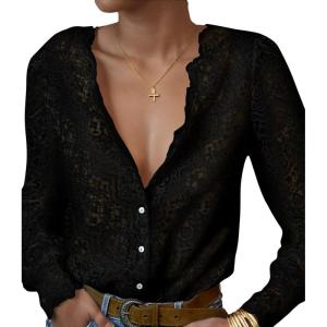 imageLace Tops for Women Dressy Casual Blouses Puff Long Sleeve V Neck Button Down Business Work ShirtsBlack