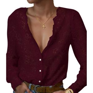 imageLace Tops for Women Dressy Casual Blouses Puff Long Sleeve V Neck Button Down Business Work ShirtsDark Red