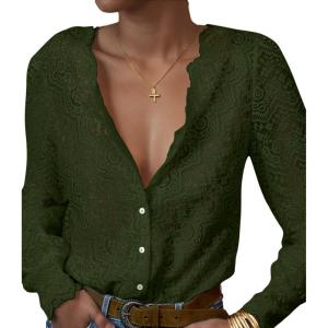 imageLace Tops for Women Dressy Casual Blouses Puff Long Sleeve V Neck Button Down Business Work ShirtsDeep Green