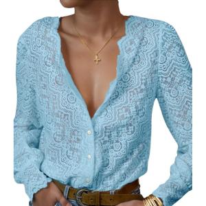 imageLace Tops for Women Dressy Casual Blouses Puff Long Sleeve V Neck Button Down Business Work ShirtsLight Blue