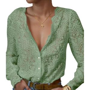 imageLace Tops for Women Dressy Casual Blouses Puff Long Sleeve V Neck Button Down Business Work ShirtsLight Green