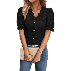 imageLace Tops for Women Dressy Casual V Neck Short Sleeve Button Down Shirts Bussiness Work Office Summer BlousesBlack