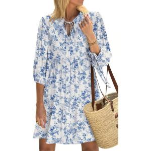imageSummer Mini Dresses Casual V Neck Drawstring Button Down 34 Sleeve Boho Floral Flowy Beach Shirt Dress PocketsBlue