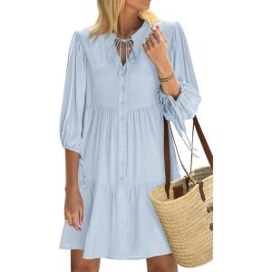 imageSummer Mini Dresses Casual V Neck Drawstring Button Down 34 Sleeve Boho Floral Flowy Beach Shirt Dress PocketsLight Blue