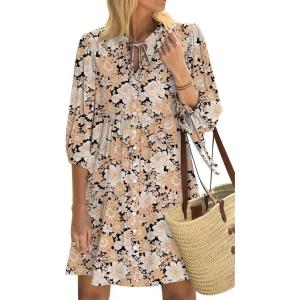 imageSummer Mini Dresses Casual V Neck Drawstring Button Down 34 Sleeve Boho Floral Flowy Beach Shirt Dress PocketsMulti