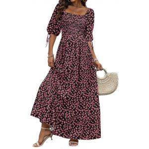 imageWomen Boho Maxi Dresses Summer 2025 Puff Sleeve Square Neck Smocked Aline Casual Ruffle Tiered Flowy Beach Long Dress PocketBlack