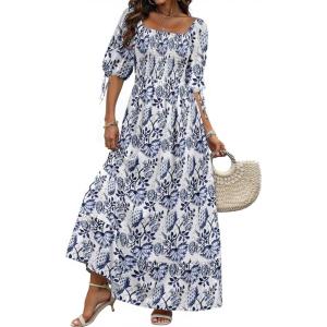 imageWomen Boho Maxi Dresses Summer 2025 Puff Sleeve Square Neck Smocked Aline Casual Ruffle Tiered Flowy Beach Long Dress PocketBlue