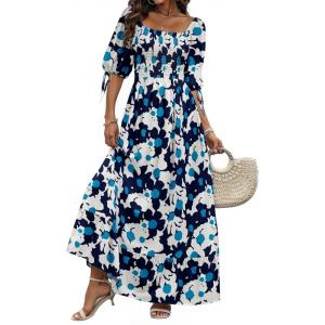 imageWomen Boho Maxi Dresses Summer 2025 Puff Sleeve Square Neck Smocked Aline Casual Ruffle Tiered Flowy Beach Long Dress PocketDark Blue