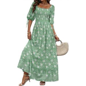 imageWomen Boho Maxi Dresses Summer 2025 Puff Sleeve Square Neck Smocked Aline Casual Ruffle Tiered Flowy Beach Long Dress PocketGreen