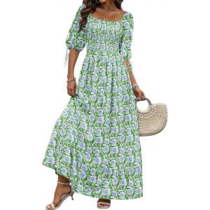 imageWomen Boho Maxi Dresses Summer 2025 Puff Sleeve Square Neck Smocked Aline Casual Ruffle Tiered Flowy Beach Long Dress PocketGreen1