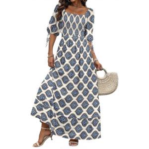 imageWomen Boho Maxi Dresses Summer 2025 Puff Sleeve Square Neck Smocked Aline Casual Ruffle Tiered Flowy Beach Long Dress PocketLight Blue