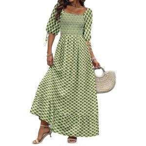 imageWomen Boho Maxi Dresses Summer 2025 Puff Sleeve Square Neck Smocked Aline Casual Ruffle Tiered Flowy Beach Long Dress PocketLight Green
