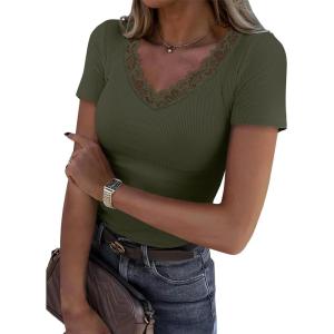 imageWomen Short Sleeve Lace V Neck Shirts Ribbed Knit Fitted Basic Tee Tops Business Dressy Casual Summer Blouses TShirtArmy Green