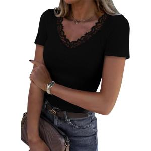 imageWomen Short Sleeve Lace V Neck Shirts Ribbed Knit Fitted Basic Tee Tops Business Dressy Casual Summer Blouses TShirtBlack