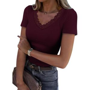 imageWomen Short Sleeve Lace V Neck Shirts Ribbed Knit Fitted Basic Tee Tops Business Dressy Casual Summer Blouses TShirtWine Red