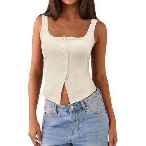 imageWomen Square Neck Crop Tank Tops Sexy Y2K Summer Sleeveless Button Down Fitted Shirts Lace Going Out Camisole TopsBeige
