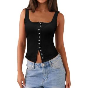 imageWomen Square Neck Crop Tank Tops Sexy Y2K Summer Sleeveless Button Down Fitted Shirts Lace Going Out Camisole TopsBlack