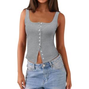 imageWomen Square Neck Crop Tank Tops Sexy Y2K Summer Sleeveless Button Down Fitted Shirts Lace Going Out Camisole TopsGrey