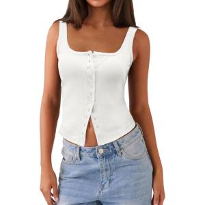 imageWomen Square Neck Crop Tank Tops Sexy Y2K Summer Sleeveless Button Down Fitted Shirts Lace Going Out Camisole TopsWhite