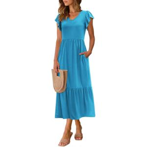imageWomen Summer Dresses 2025 Trendy Ruffle Sleeve V Neck Tiered Flowy A Line Casual Loose Beach Midi Dress with PocketLake Blue