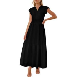 imageWomen Summer Maxi Dress 2025 Cap Sleeve V Neck Button Casual Loose Ruffle Tiered ALine Long Flowy Beach SundressBlack