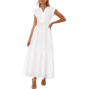 imageWomen Summer Maxi Dress 2025 Cap Sleeve V Neck Button Casual Loose Ruffle Tiered ALine Long Flowy Beach SundressWhite