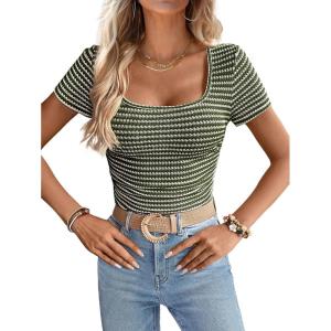 imageWomen Summer Short Sleeve Shirts Ruched Tops Sexy Square Neck Blouses Going Out Knit T Shirt Basic TeesArmy Green
