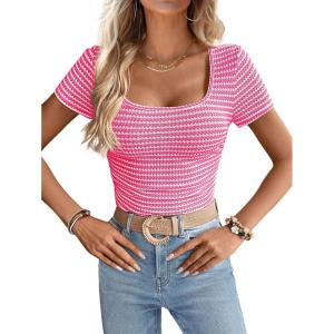 imageWomen Summer Short Sleeve Shirts Ruched Tops Sexy Square Neck Blouses Going Out Knit T Shirt Basic TeesHot Pink