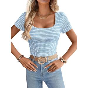 imageWomen Summer Short Sleeve Shirts Ruched Tops Sexy Square Neck Blouses Going Out Knit T Shirt Basic TeesLight Blue