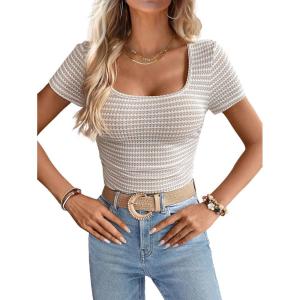 imageWomen Summer Short Sleeve Shirts Ruched Tops Sexy Square Neck Blouses Going Out Knit T Shirt Basic TeesLight Khaki
