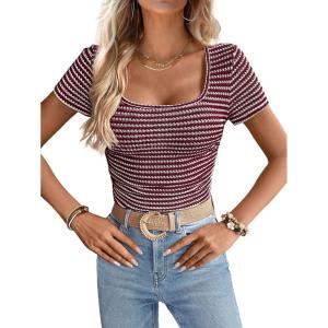 imageWomen Summer Short Sleeve Shirts Ruched Tops Sexy Square Neck Blouses Going Out Knit T Shirt Basic TeesRed
