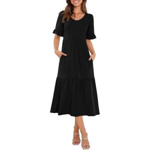 imageWomens Casual Summer Dress Casual Ruffle Short Sleeve V Neck A Line Flowy Tiered Beach Maxi Dresses with PocketsBlack