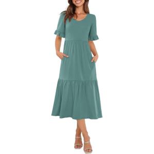 imageWomens Casual Summer Dress Casual Ruffle Short Sleeve V Neck A Line Flowy Tiered Beach Maxi Dresses with PocketsGreen