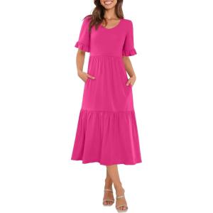 imageWomens Casual Summer Dress Casual Ruffle Short Sleeve V Neck A Line Flowy Tiered Beach Maxi Dresses with PocketsHot Pink