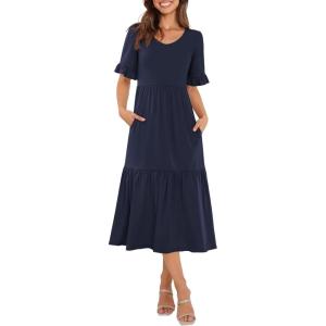 imageWomens Casual Summer Dress Casual Ruffle Short Sleeve V Neck A Line Flowy Tiered Beach Maxi Dresses with PocketsNavy Blue