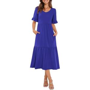 imageWomens Casual Summer Dress Casual Ruffle Short Sleeve V Neck A Line Flowy Tiered Beach Maxi Dresses with PocketsRoyal Blue
