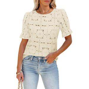 imageWomens Eyelet Tops Puff Short Sleeve Blouses Dressy Casual Cute Hollow Out Crochet Lace Embroidered Summer ShirtsBeige